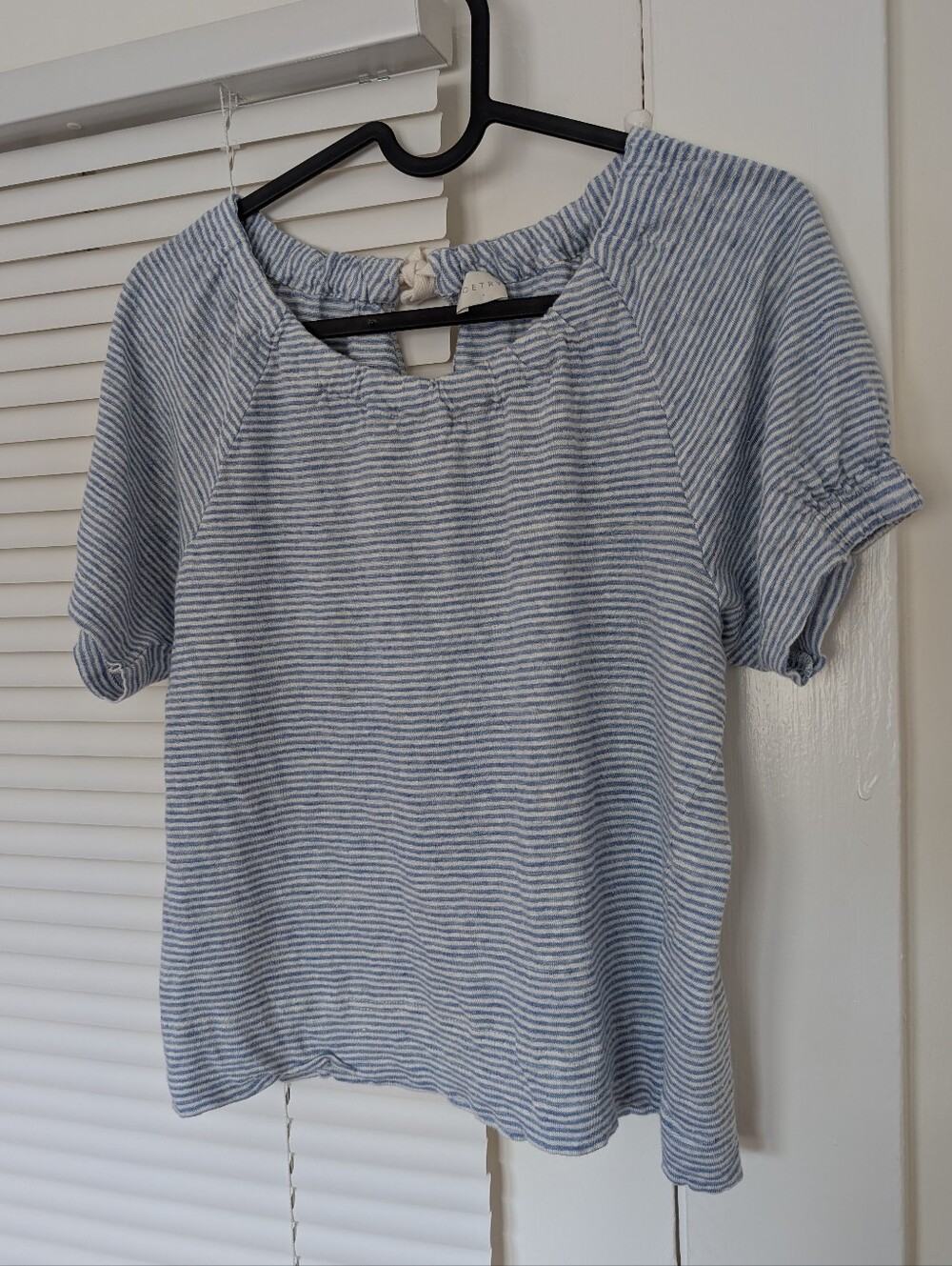 Poetry 100% Linen White Blue Striped Top Blouse Shirt Coastal Casual Women 2 XS